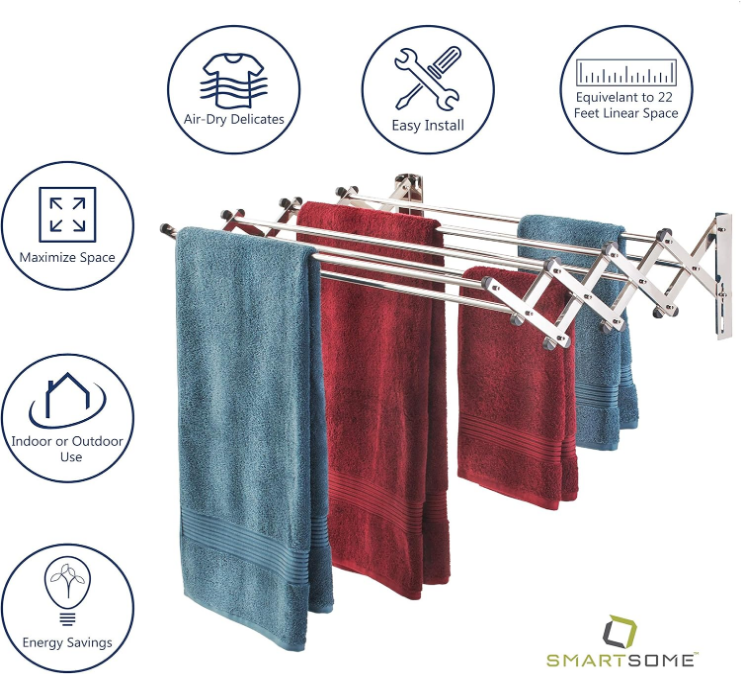 Space Saver Fold Away Racks: Stainless Steel Wall Mounted Laundry Drying Rack, Easy To Install - 8 34" Rods, Total: 22.5 Linear Ft, 60 lb Capacity- Indoor and Outdoor Use