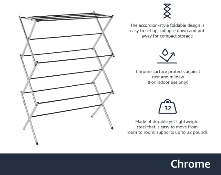 Foldable Laundry Rack for Air Drying Clothing, 29.4 x 14.8 x 41.9 inches (LxWxH), Chrome Silver