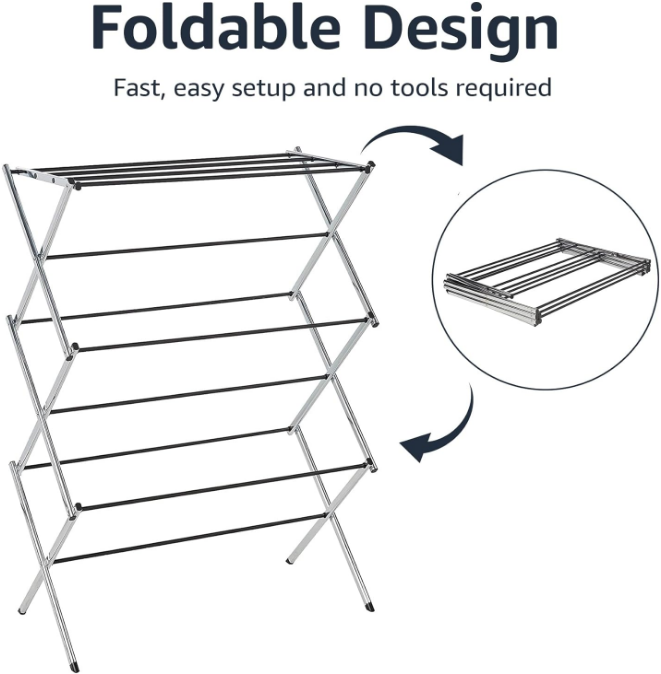 Foldable Laundry Rack for Air Drying Clothing, 29.4 x 14.8 x 41.9 inches (LxWxH), Chrome Silver