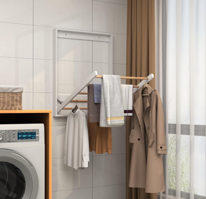 Wall Mounted Clothes Drying Rack for Laundry, Foldable Wooden Clothing Dryer Racks Indoor Use