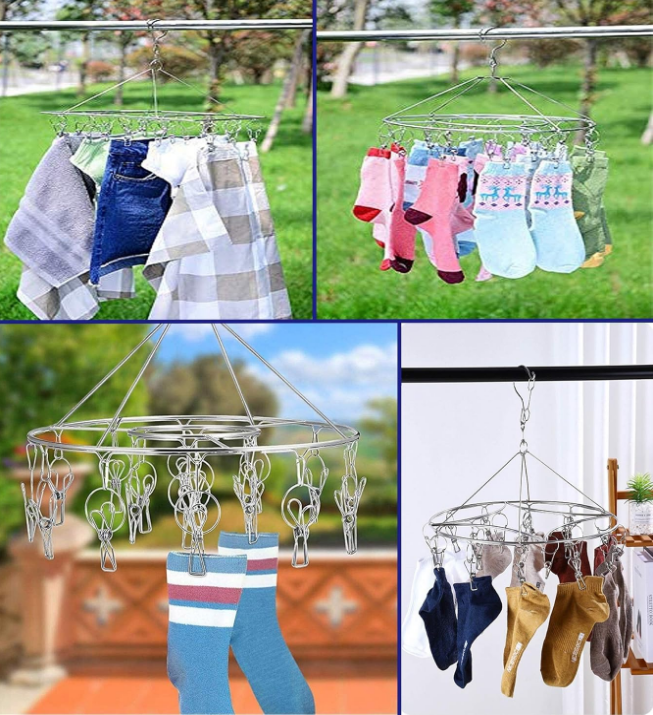 2 Pack Stainless Steel Round Hanging Drying Rack with 20 Clips for Drying Socks, Baby Clothes, Bras, Towel, Underwear, Hat, Scarf, Pants, Gloves