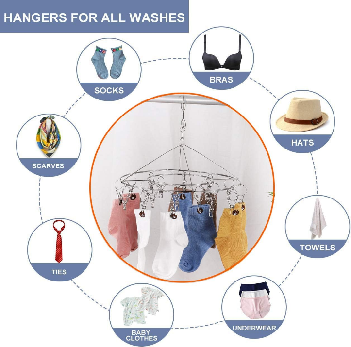 2 Pack Stainless Steel Round Hanging Drying Rack with 20 Clips for Drying Socks, Baby Clothes, Bras, Towel, Underwear, Hat, Scarf, Pants, Gloves