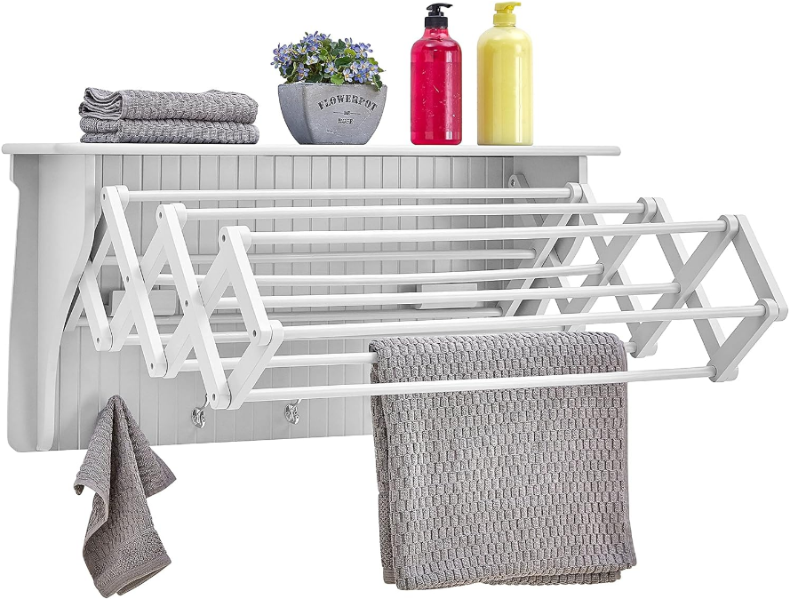 Accordion Clothes Drying Rack, Retractable, Wall Mounted Towel Rack and Hooks for Clothes and Towels for use in Laundry Room or Garage (White)