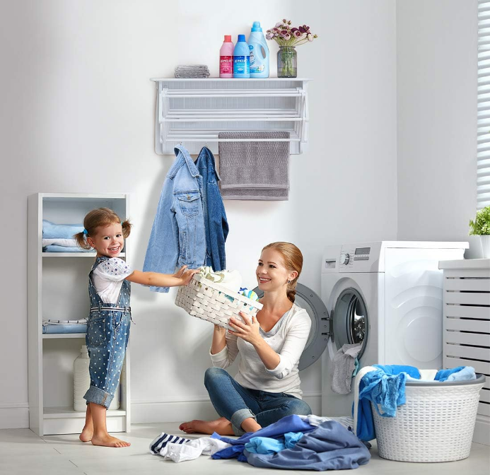Accordion Clothes Drying Rack, Retractable, Wall Mounted Towel Rack and Hooks for Clothes and Towels for use in Laundry Room or Garage (White)