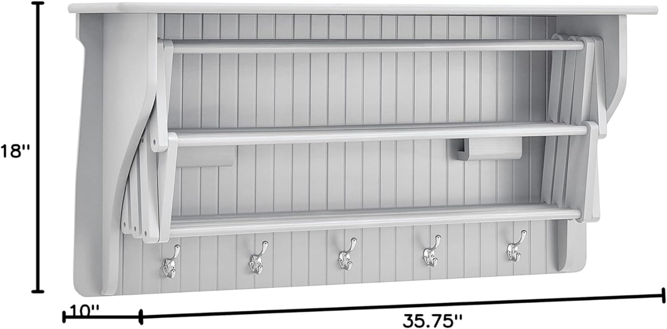 Accordion Clothes Drying Rack, Retractable, Wall Mounted Towel Rack and Hooks for Clothes and Towels for use in Laundry Room or Garage (White)