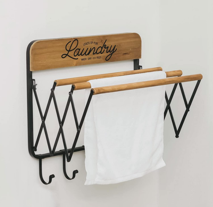 Accordion Laundry Rack, Retractable Wall Mounted Racks, 3 Bars & 5 Hooks for Drying Rack Hanging Towels Clothes Save Space Perfect for Laundry Room, Bathroom, Mudroom, Wall Decor