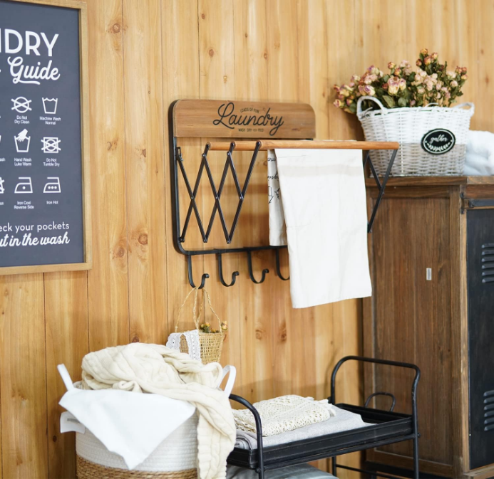 Accordion Laundry Rack, Retractable Wall Mounted Racks, 3 Bars & 5 Hooks for Drying Rack Hanging Towels Clothes Save Space Perfect for Laundry Room, Bathroom, Mudroom, Wall Decor