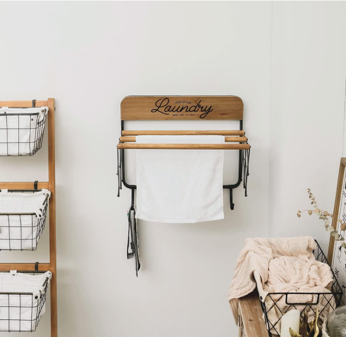 Accordion Laundry Rack, Retractable Wall Mounted Racks, 3 Bars & 5 Hooks for Drying Rack Hanging Towels Clothes Save Space Perfect for Laundry Room, Bathroom, Mudroom, Wall Decor