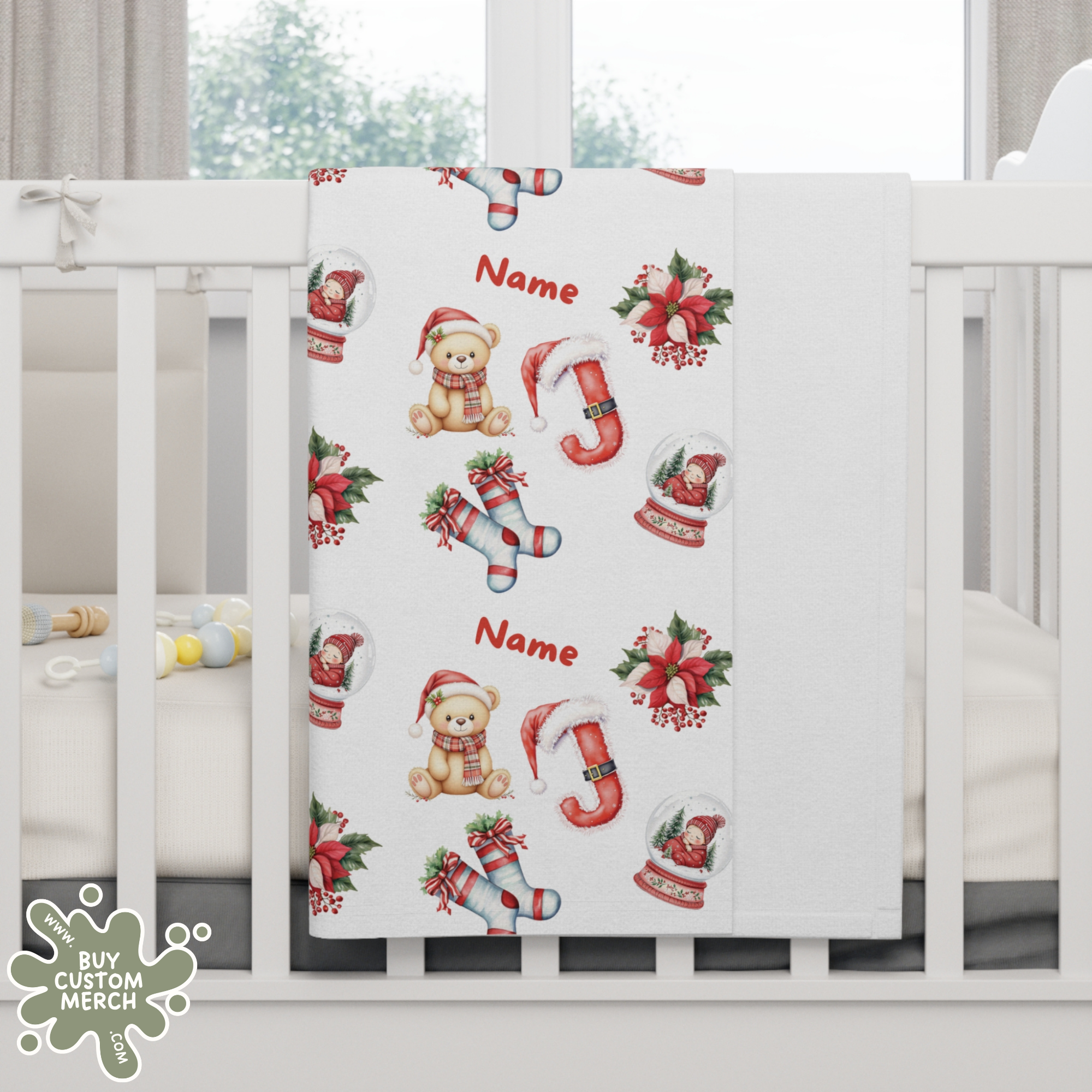 Personalized Christmas Baby Blanket - Custom Name & Initial Soft Fleece Blanket with Teddy Bear & Holiday Pattern
