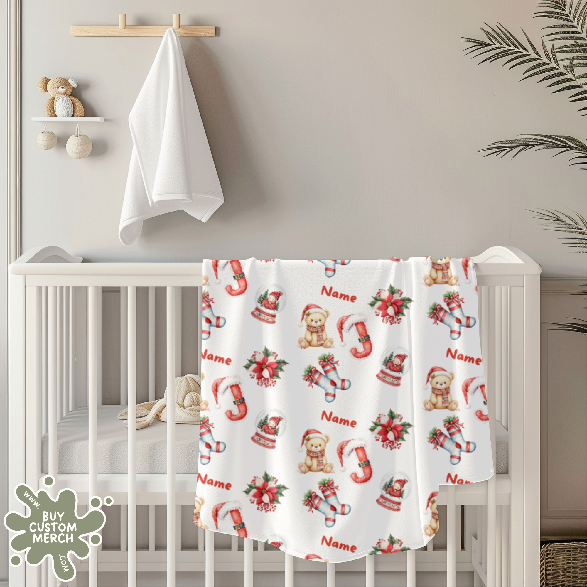 Personalized Christmas Baby Blanket - Custom Name & Initial Soft Fleece Blanket with Teddy Bear & Holiday Pattern