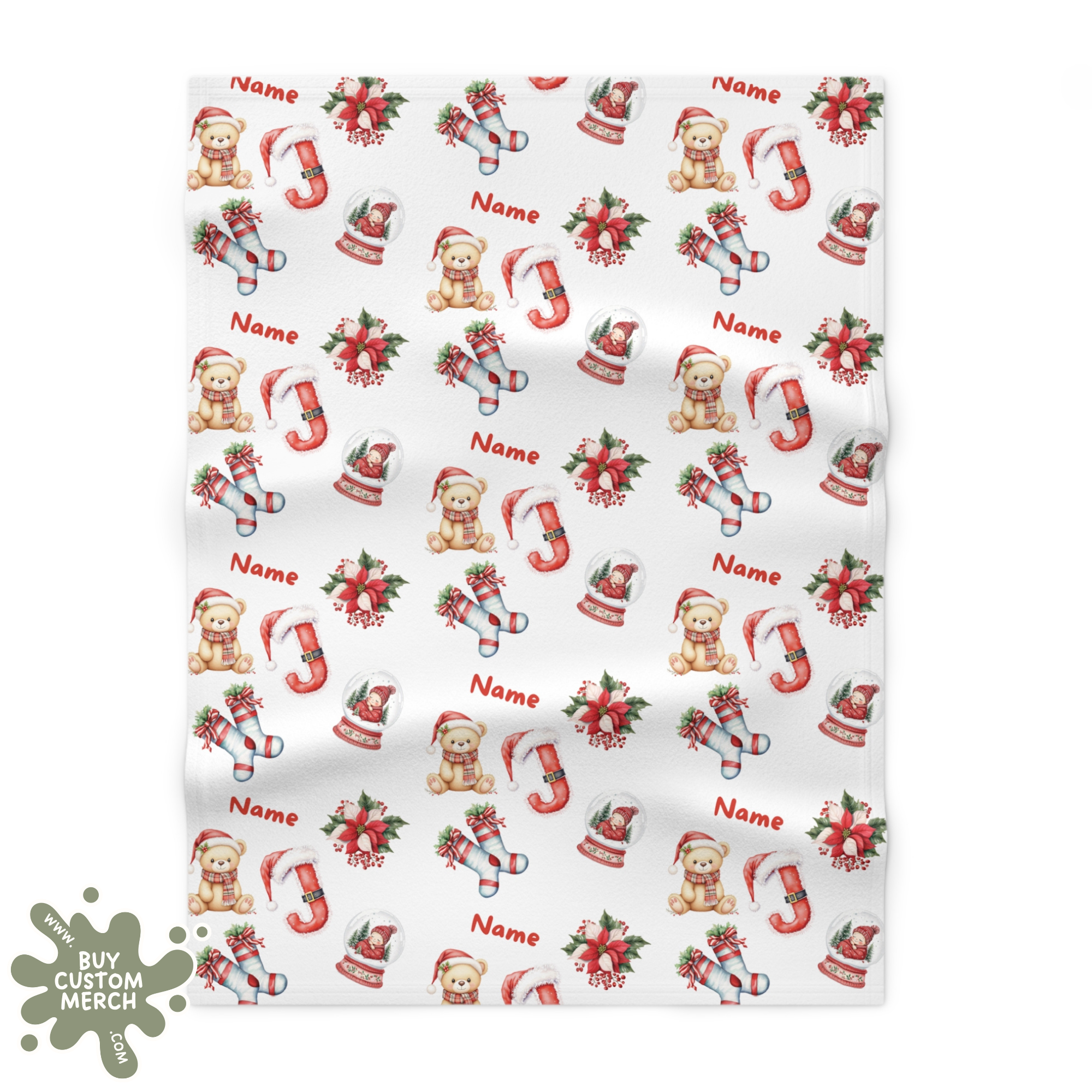 Personalized Christmas Baby Blanket - Custom Name & Initial Soft Fleece Blanket with Teddy Bear & Holiday Pattern
