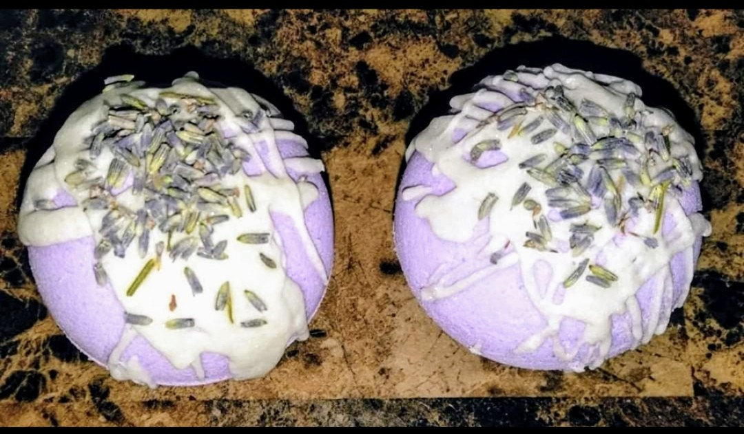 Lavender and Coconut Milk Bath Bomb with Cocoa Butter drizzle and Lavender
