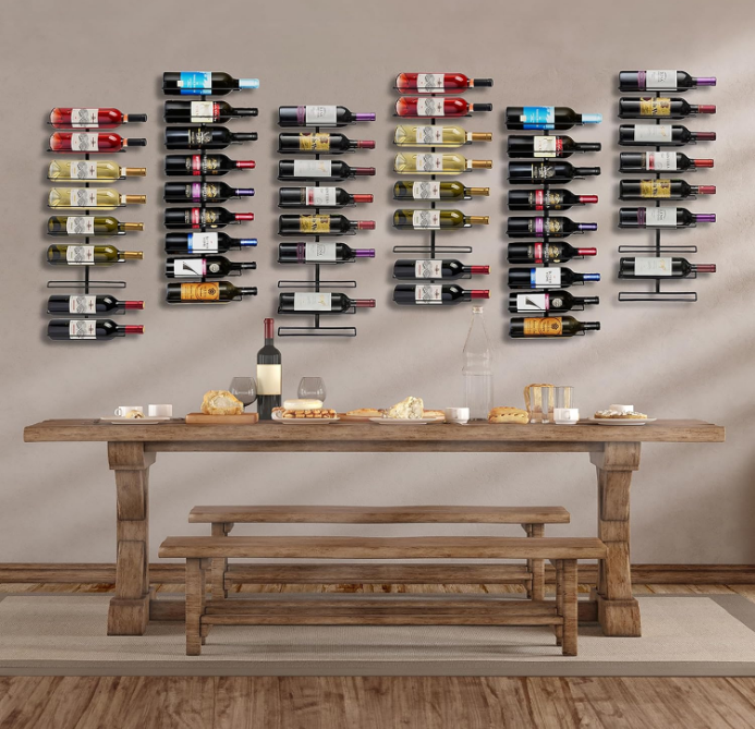 Wall Mount Wine Rack (Holds 9 Bottles) - Wine Rack Wall Mounted for Wine Bottles, Liquor, Champagne, Black Metal Wine Bottle Holder for Home Bar, Wine Kitchen Storage