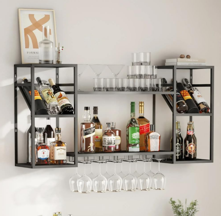 Wall Mounted Wine Rack with Glass Holder,Metal Floating Bar Liquor Shelves 2 Tier,Wine Glass Rack Multi Functional Wine Storage Display Rack for Home Bar Dining Room Kitchen