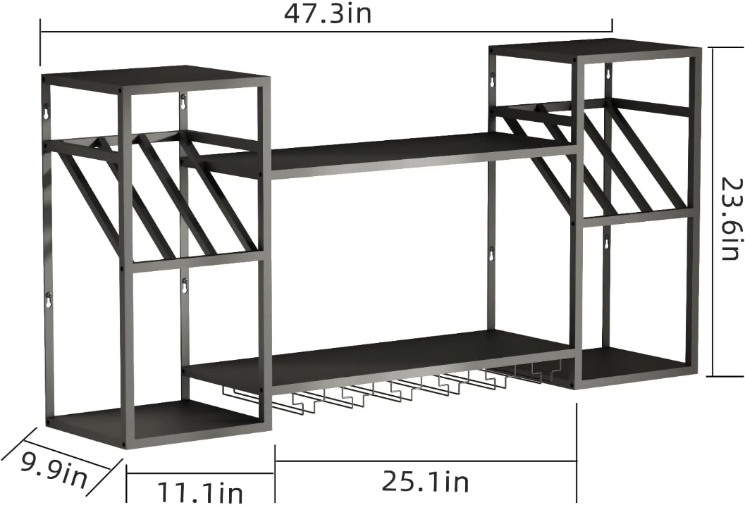 Wall Mounted Wine Rack with Glass Holder,Metal Floating Bar Liquor Shelves 2 Tier,Wine Glass Rack Multi Functional Wine Storage Display Rack for Home Bar Dining Room Kitchen