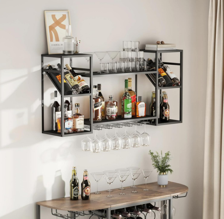 Wall Mounted Wine Rack with Glass Holder,Metal Floating Bar Liquor Shelves 2 Tier,Wine Glass Rack Multi Functional Wine Storage Display Rack for Home Bar Dining Room Kitchen