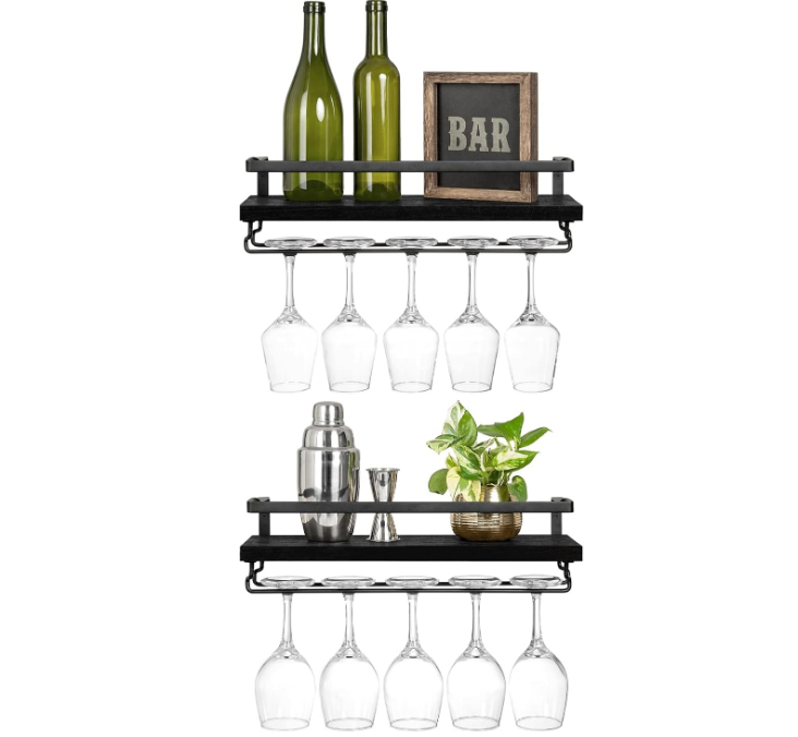 Wall Mounted Wine Rack Set of 2 Wood Shelf Rustic Wine Bottle Glass Floating Shelves with Stemware Hanger Modern Plants Photos Wine Display Storage Holder for Kitchen Dining Room Bar, Black