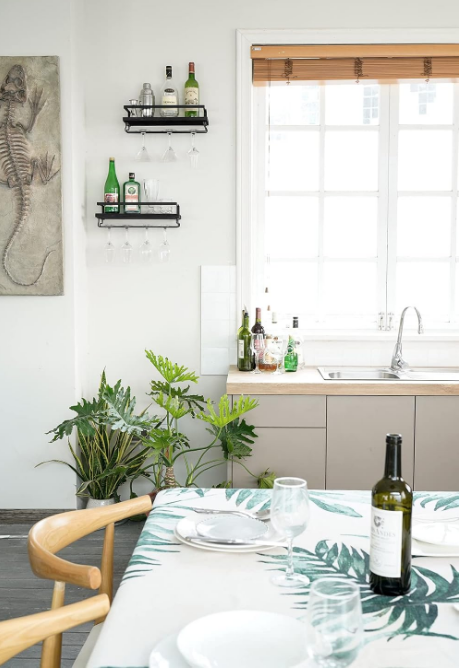Wall Mounted Wine Rack Set of 2 Wood Shelf Rustic Wine Bottle Glass Floating Shelves with Stemware Hanger Modern Plants Photos Wine Display Storage Holder for Kitchen Dining Room Bar, Black