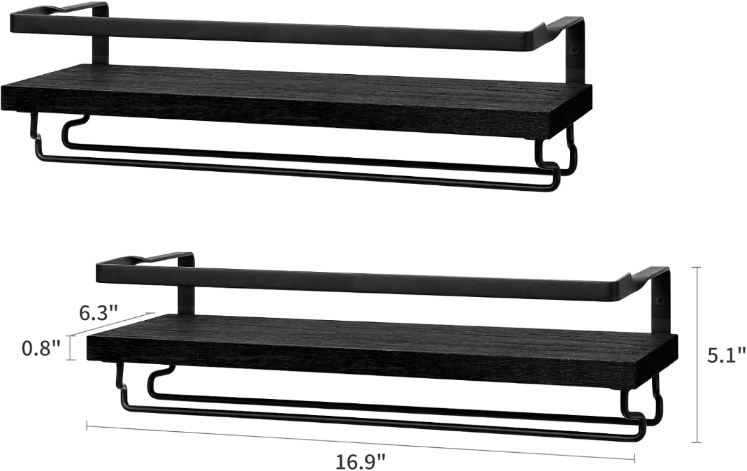 Wall Mounted Wine Rack Set of 2 Wood Shelf Rustic Wine Bottle Glass Floating Shelves with Stemware Hanger Modern Plants Photos Wine Display Storage Holder for Kitchen Dining Room Bar, Black