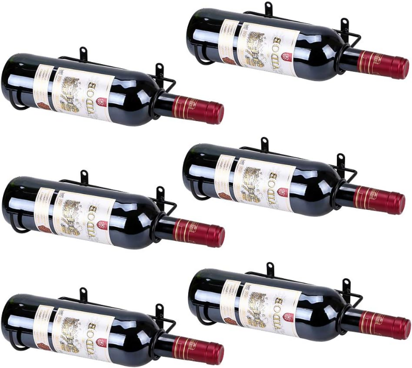 Set of 6 Wall Mounted Wine Rack Holders - Metal Wine Bottle Display Holder with Hardware, Wall Hanging Red Wine Bottle Organizer Racks for Storage Beverages/Liquor Bottle