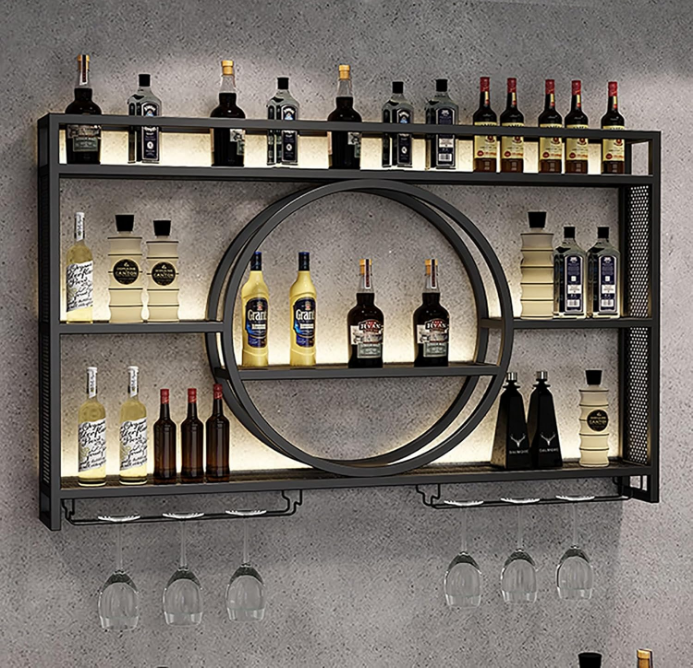 Wall Mounted Led Wine Rack Wine Glass Rack, Bar Unit Metal Floating Shelves, Bar Bottle Display Shelf Wine Cups Hanging Holder, Hanging Goblet For Liquor Bottles, For Kitchen Living Room Home Decor