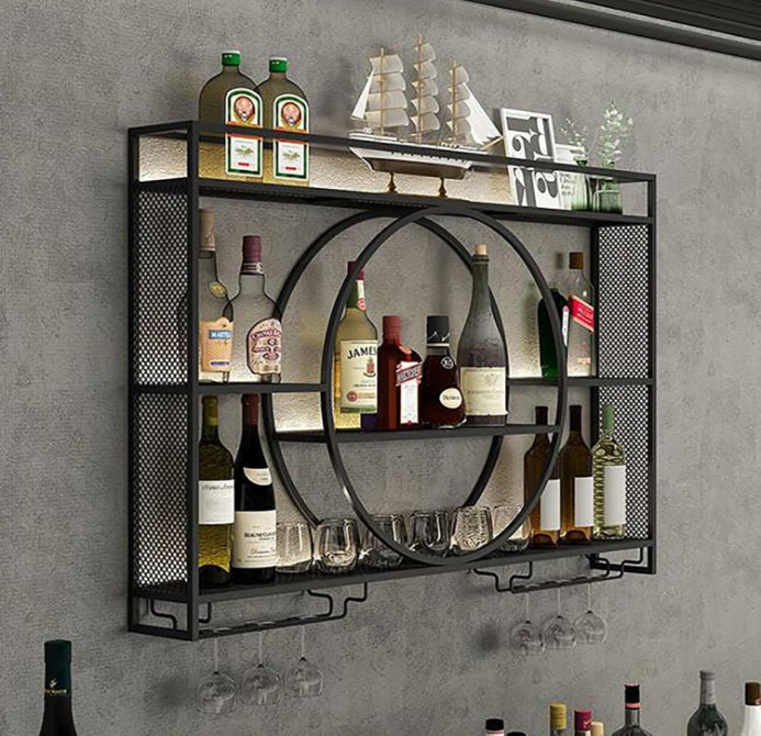 Wall Mounted Led Wine Rack Wine Glass Rack, Bar Unit Metal Floating Shelves, Bar Bottle Display Shelf Wine Cups Hanging Holder, Hanging Goblet For Liquor Bottles, For Kitchen Living Room Home Decor