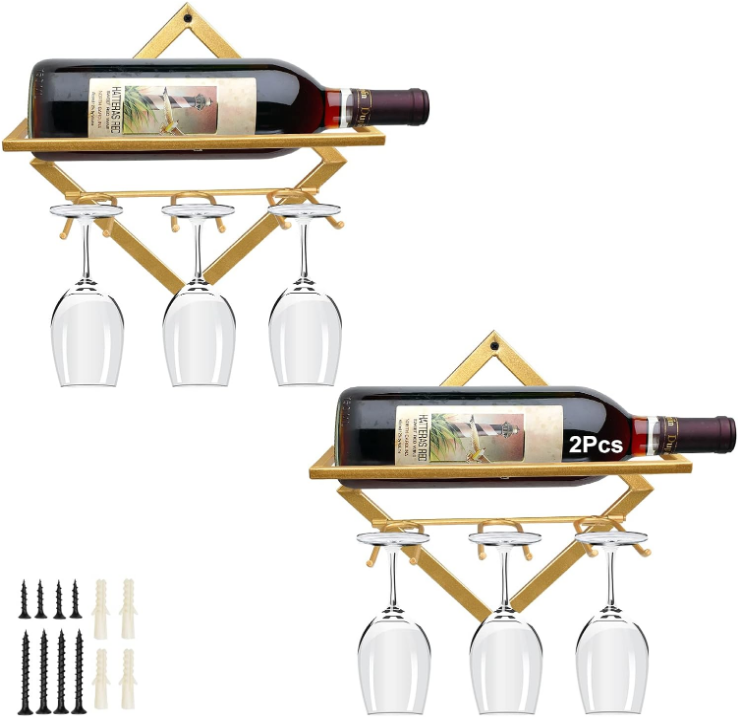 2Pcs Metal Wall Mounted Wine Holder Stemware Glass Rack, Upgrade Collapsible Hanging Red Wine Racks Organizer with 3 Stem Glass Holders, Wine Bottle Display Hanger for Home Kitchen Bar Decor