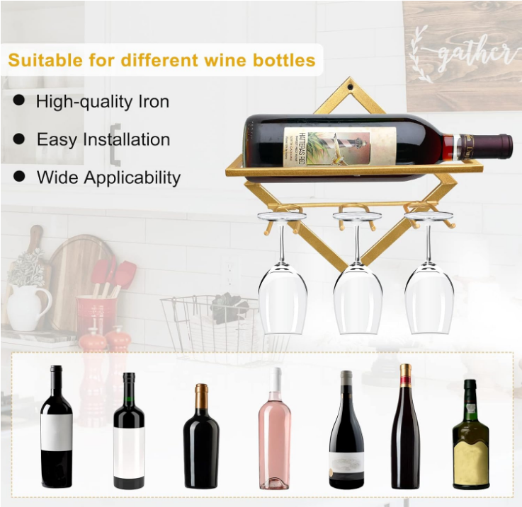 2Pcs Metal Wall Mounted Wine Holder Stemware Glass Rack, Upgrade Collapsible Hanging Red Wine Racks Organizer with 3 Stem Glass Holders, Wine Bottle Display Hanger for Home Kitchen Bar Decor