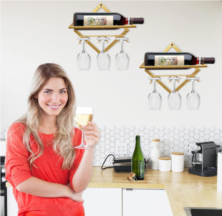 2Pcs Metal Wall Mounted Wine Holder Stemware Glass Rack, Upgrade Collapsible Hanging Red Wine Racks Organizer with 3 Stem Glass Holders, Wine Bottle Display Hanger for Home Kitchen Bar Decor