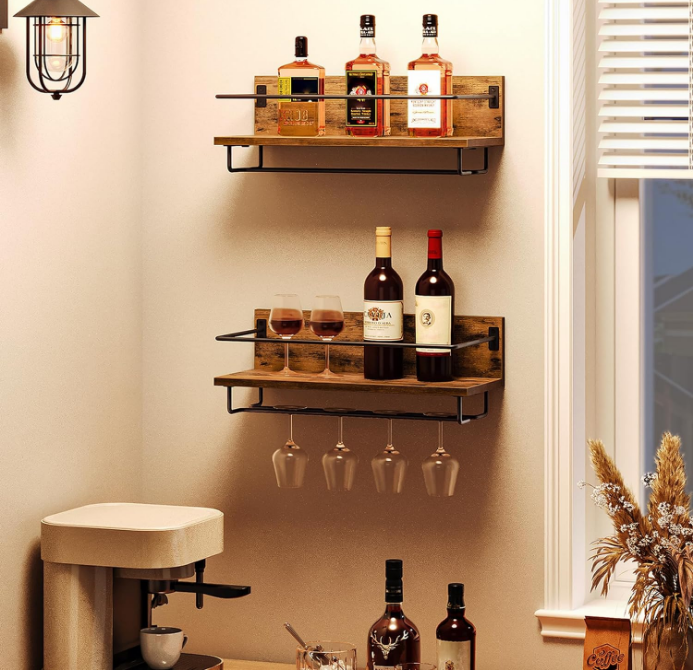 Wall Mounted Wine Rack 2 Pack, Wine Shelf Hanging Floating Wall Shelves, Wine Glass Bottle Rack Stemware Holder, for Living Room, Dining Room, Kitchen, Rustic Brown and Black BF28BJ01