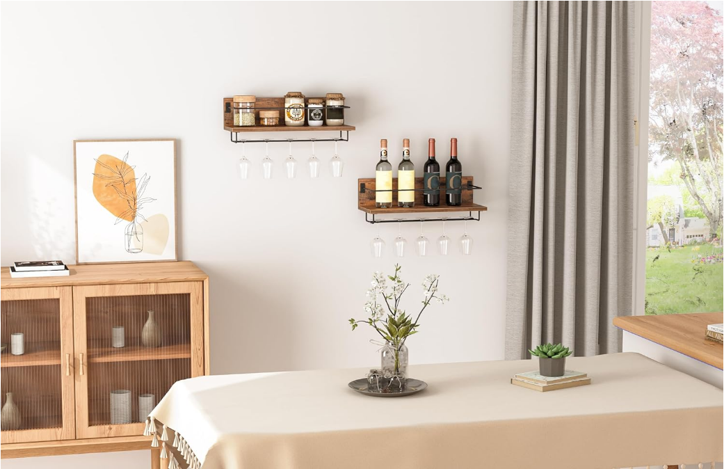 Wall Mounted Wine Rack 2 Pack, Wine Shelf Hanging Floating Wall Shelves, Wine Glass Bottle Rack Stemware Holder, for Living Room, Dining Room, Kitchen, Rustic Brown and Black BF28BJ01