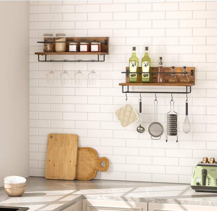 Wall Mounted Wine Rack 2 Pack, Wine Shelf Hanging Floating Wall Shelves, Wine Glass Bottle Rack Stemware Holder, for Living Room, Dining Room, Kitchen, Rustic Brown and Black BF28BJ01