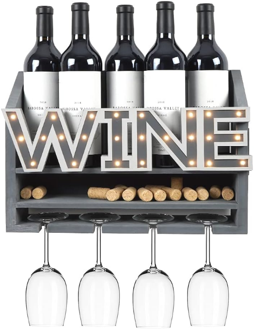 LED Wooden Wall Mounted Wine Rack and Glass Holder –Rustic Wine Bottle & Glass Holder & Wine Cork Storage Modern Home Decor 5 Bottle and 4 Glass Holder