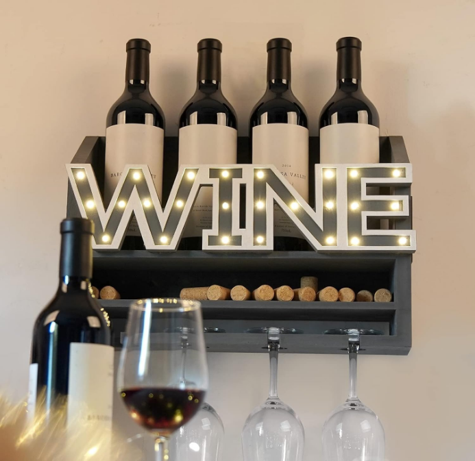 LED Wooden Wall Mounted Wine Rack and Glass Holder –Rustic Wine Bottle & Glass Holder & Wine Cork Storage Modern Home Decor 5 Bottle and 4 Glass Holder