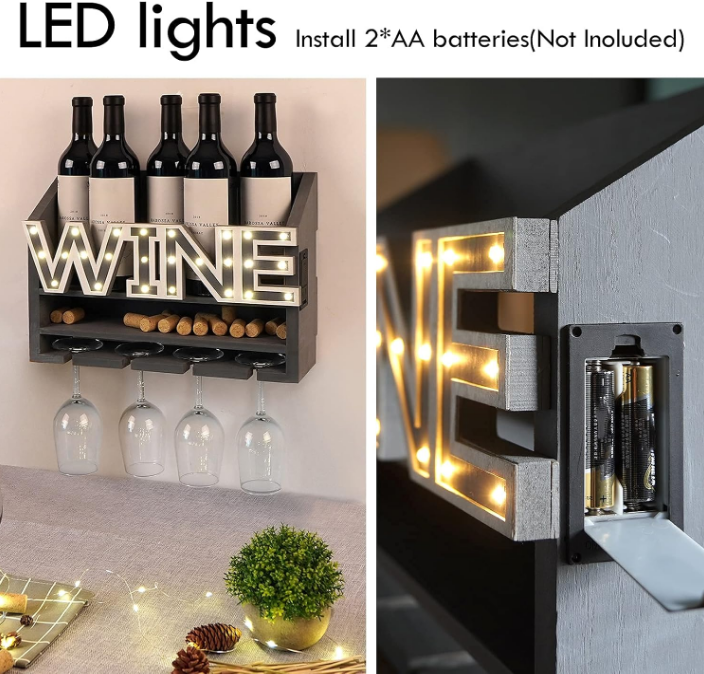 LED Wooden Wall Mounted Wine Rack and Glass Holder –Rustic Wine Bottle & Glass Holder & Wine Cork Storage Modern Home Decor 5 Bottle and 4 Glass Holder