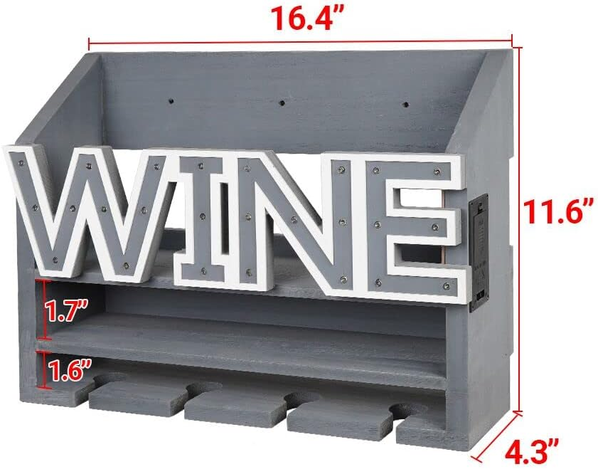 LED Wooden Wall Mounted Wine Rack and Glass Holder –Rustic Wine Bottle & Glass Holder & Wine Cork Storage Modern Home Decor 5 Bottle and 4 Glass Holder