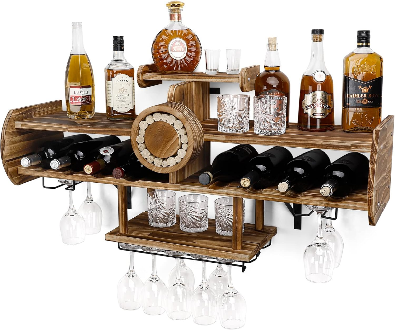 Wine Rack Wall Mounted Wood,Wine Shelf with Bottle Stemware Glass Holder Rustic, Airplane Shape Multi Functional Wine Display Storage Rack for Home Bar (Light Brown)