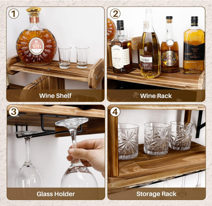 Wine Rack Wall Mounted Wood,Wine Shelf with Bottle Stemware Glass Holder Rustic, Airplane Shape Multi Functional Wine Display Storage Rack for Home Bar (Light Brown)