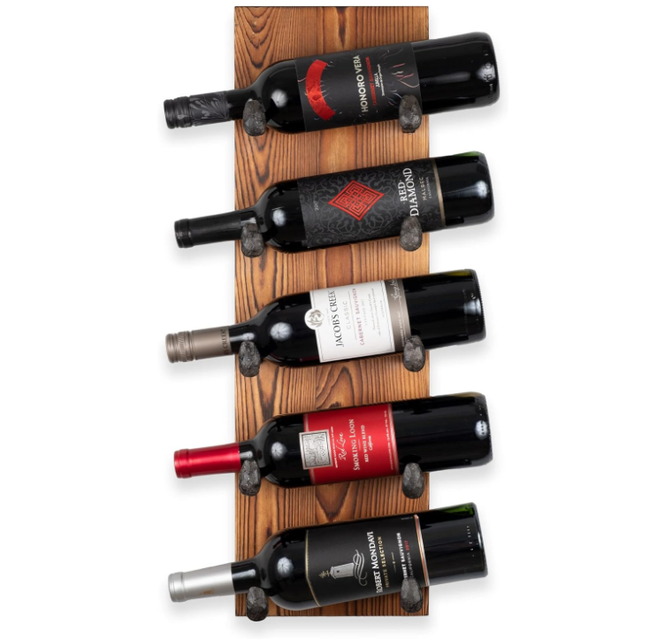 Alicante Wall Mounted Reclaimed Wood Vertical Wine Rack Holder Shelf Organizer with Railroad Spike Cast Iron Hooks for 5 Bottles - Home, Kitchen, Dining Room Bar Décor - Walnut