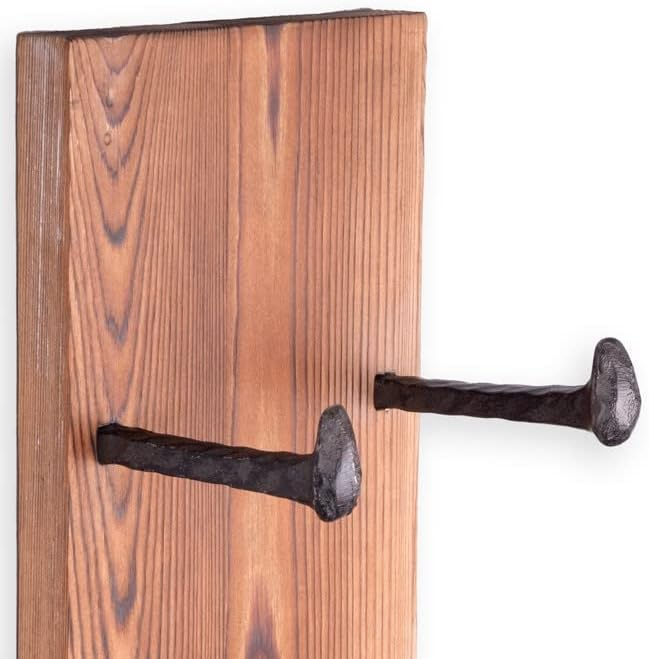 Alicante Wall Mounted Reclaimed Wood Vertical Wine Rack Holder Shelf Organizer with Railroad Spike Cast Iron Hooks for 5 Bottles - Home, Kitchen, Dining Room Bar Décor - Walnut