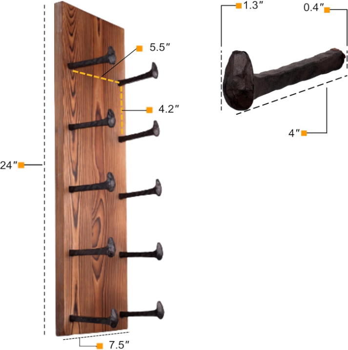 Alicante Wall Mounted Reclaimed Wood Vertical Wine Rack Holder Shelf Organizer with Railroad Spike Cast Iron Hooks for 5 Bottles - Home, Kitchen, Dining Room Bar Décor - Walnut