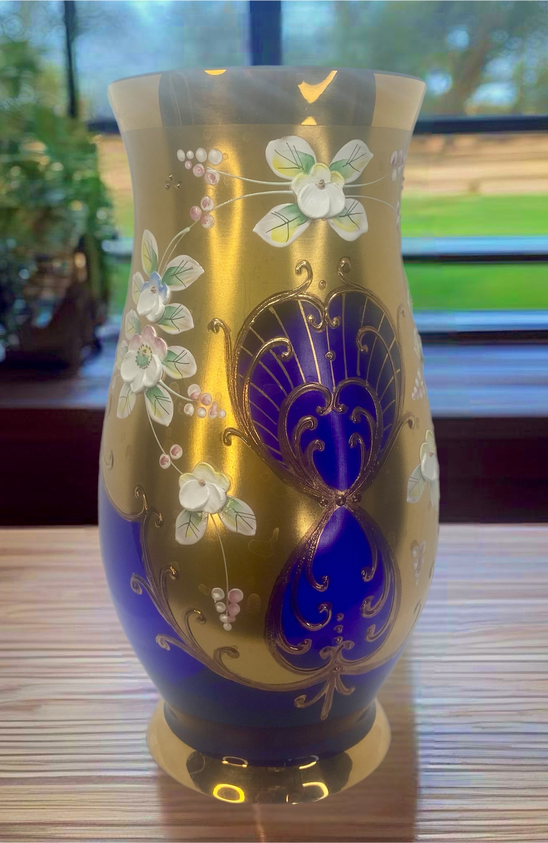 Vintage Egermann Czech Republic Cobalt Blue Vase 24 K Gold 