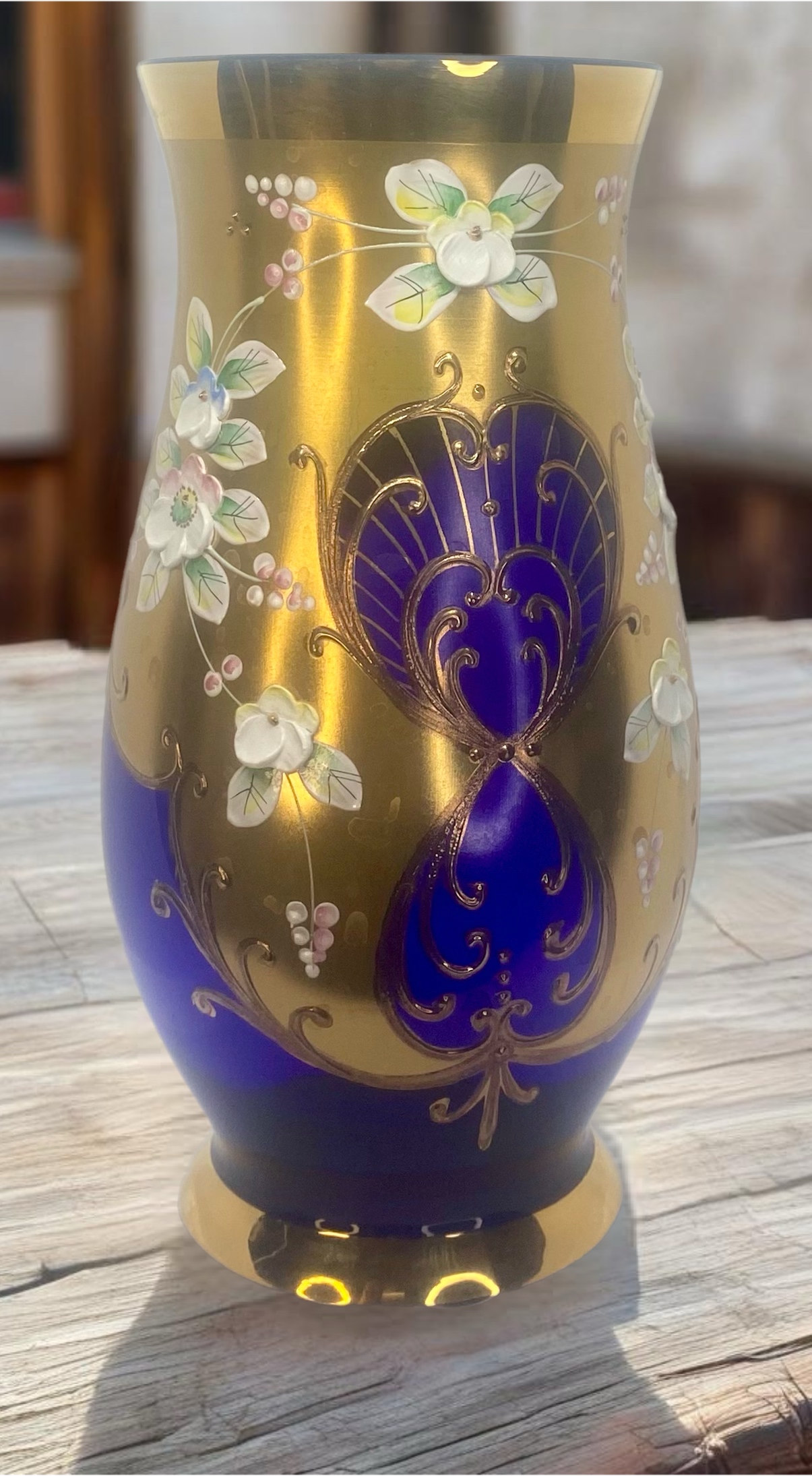 Vintage Egermann Czech Republic Cobalt Blue Vase 24 K Gold 