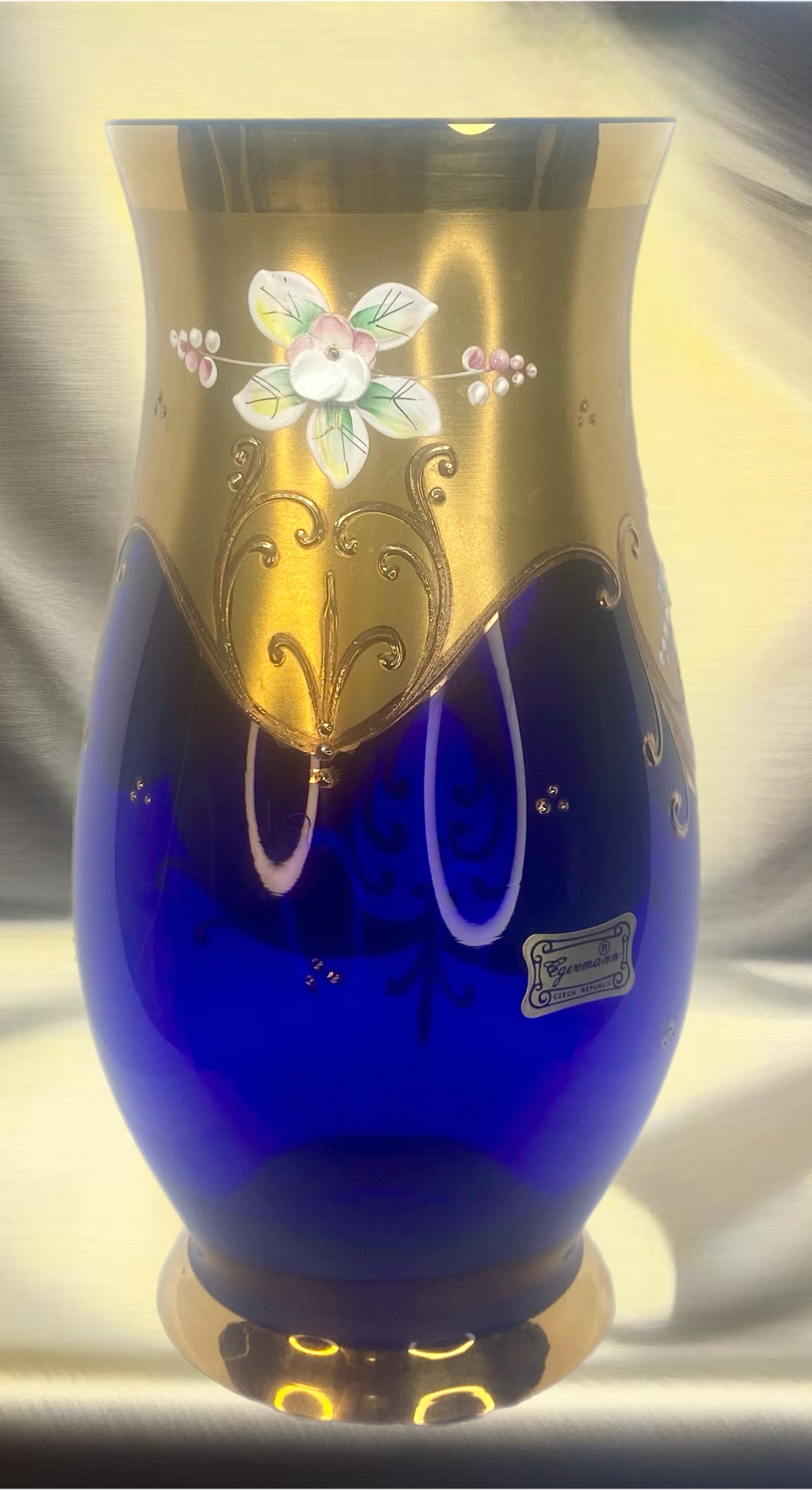 Vintage Egermann Czech Republic Cobalt Blue Vase 24 K Gold 