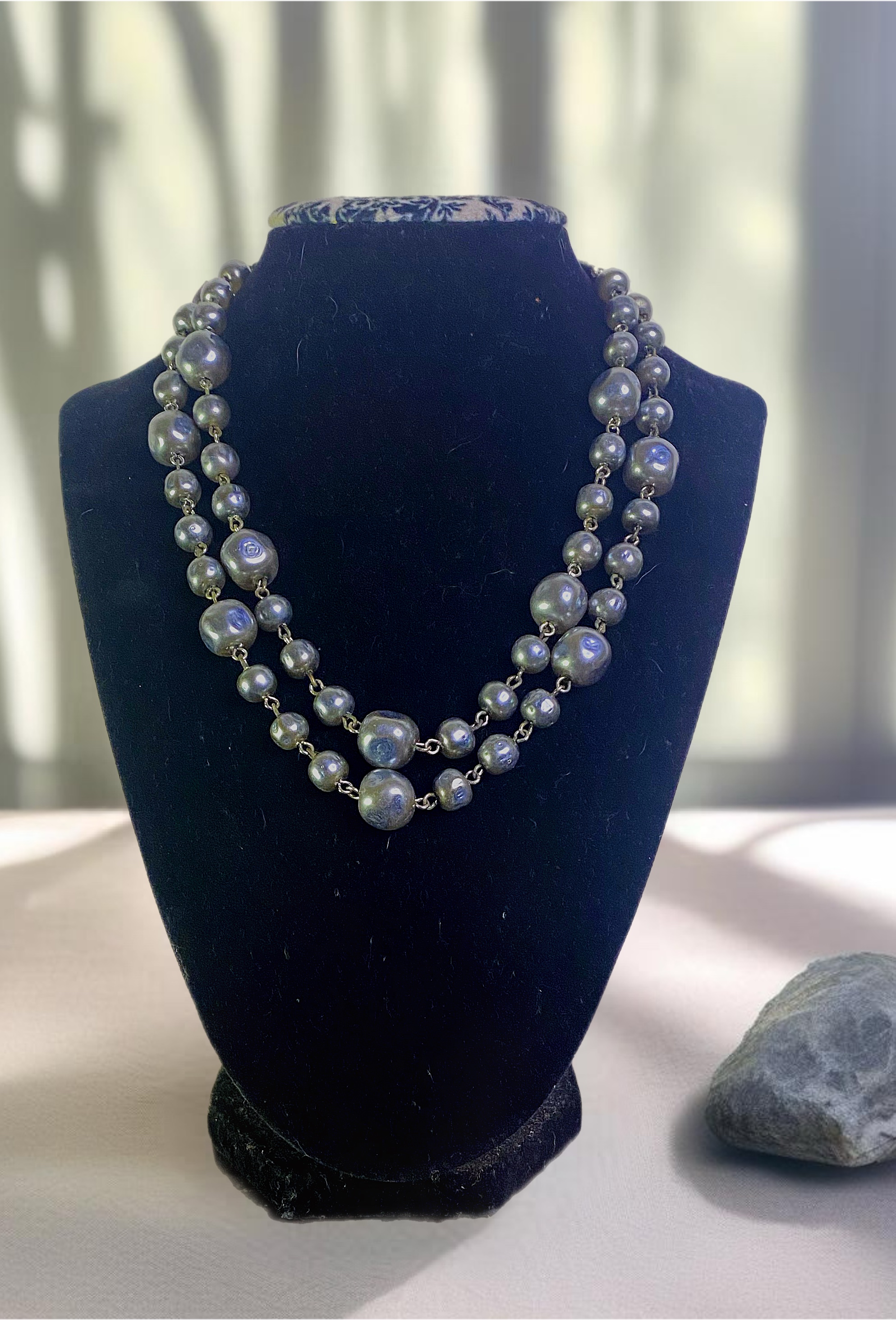 Robert Zentall Double Strand Grey/Blue Genuine Pearl Necklace