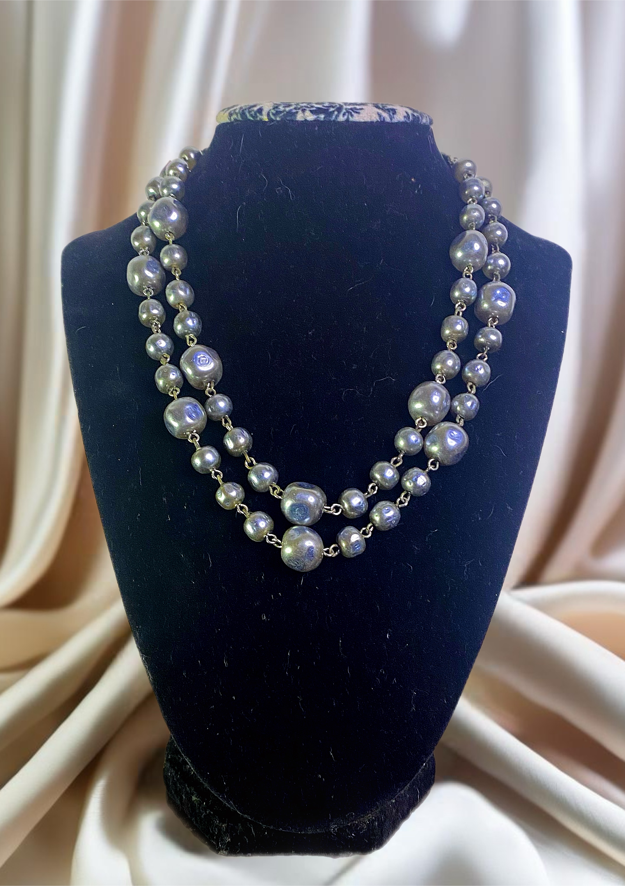 Robert Zentall Double Strand Grey/Blue Genuine Pearl Necklace