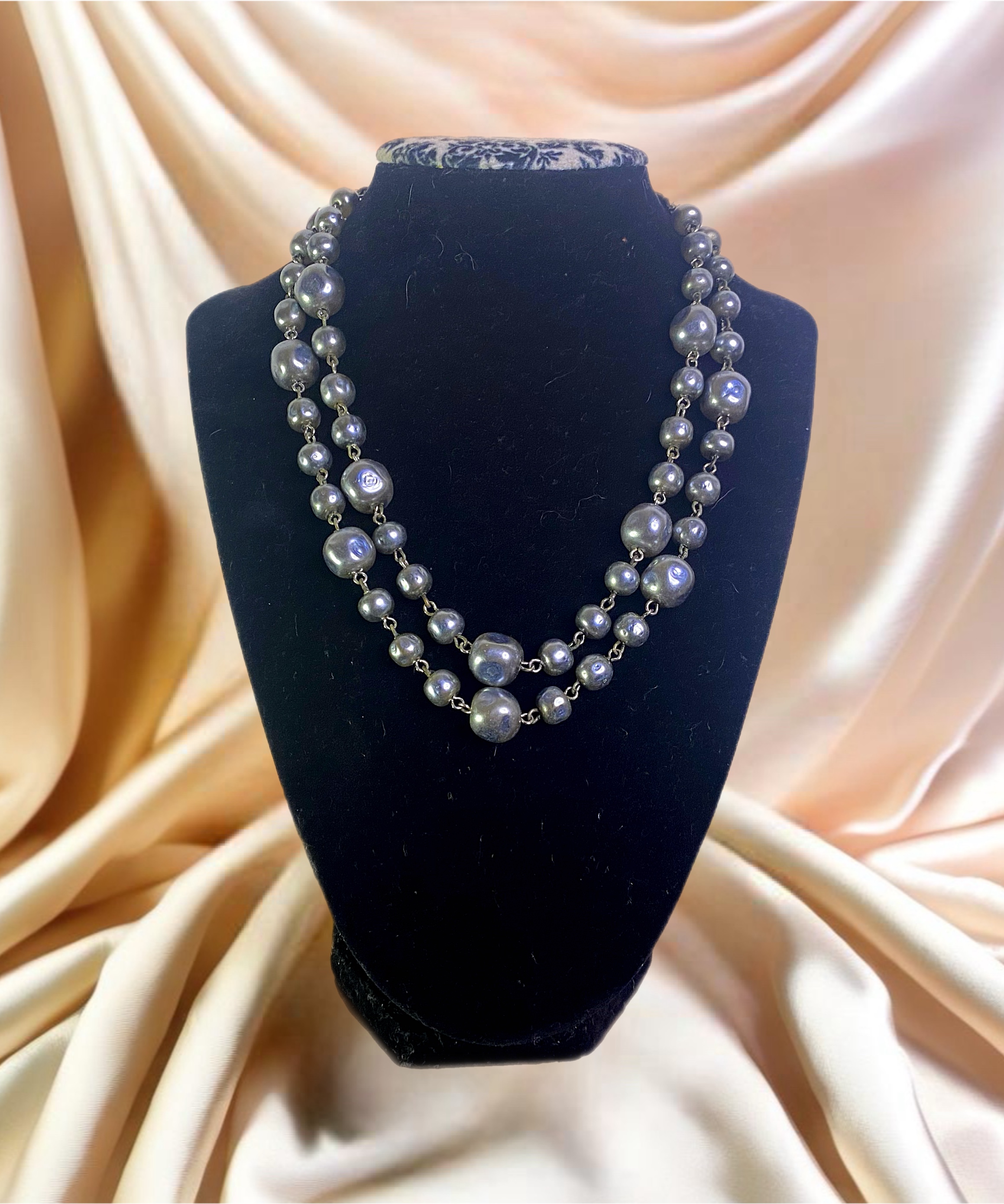 Robert Zentall Double Strand Grey/Blue Genuine Pearl Necklace