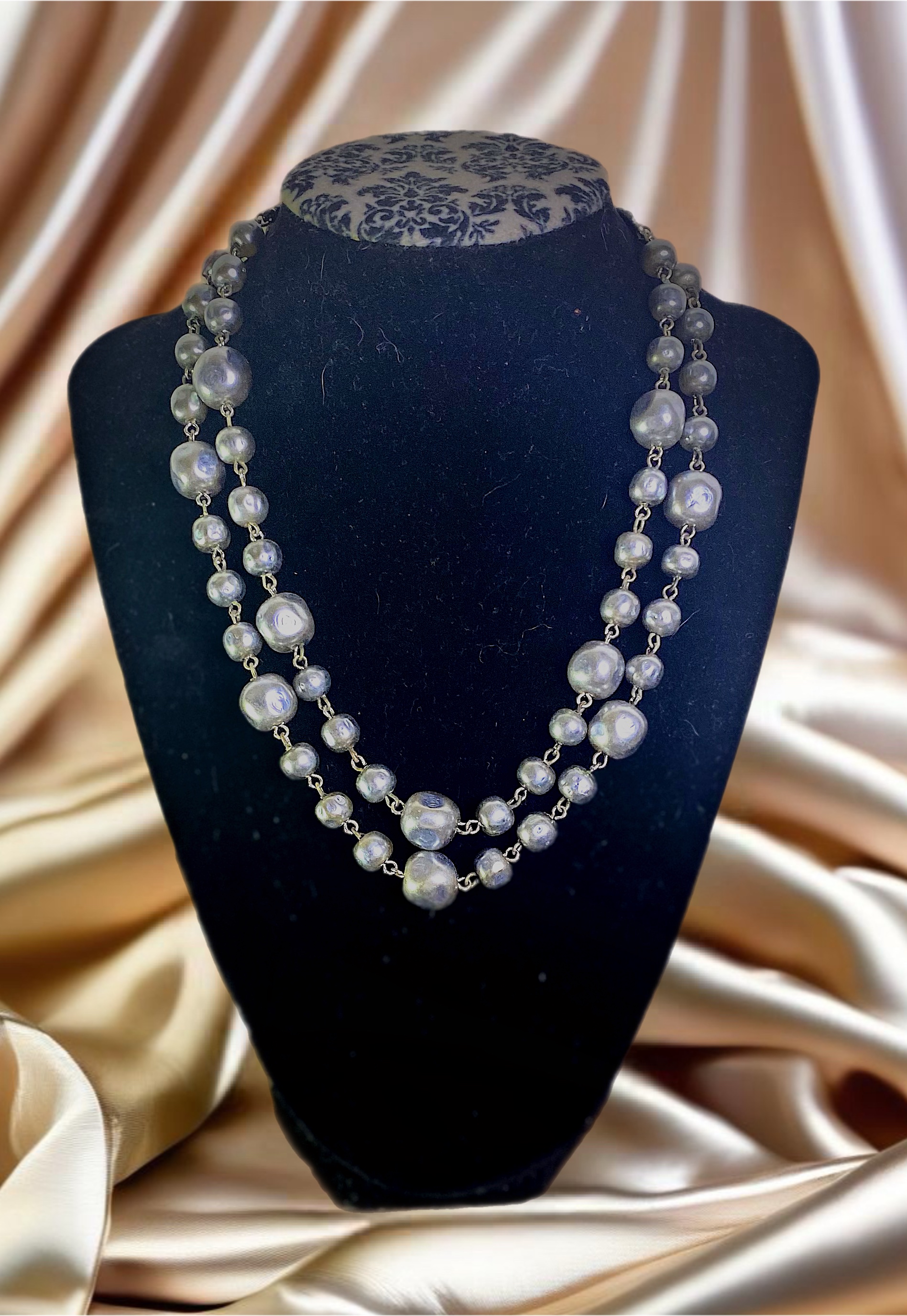 Robert Zentall Double Strand Grey/Blue Genuine Pearl Necklace