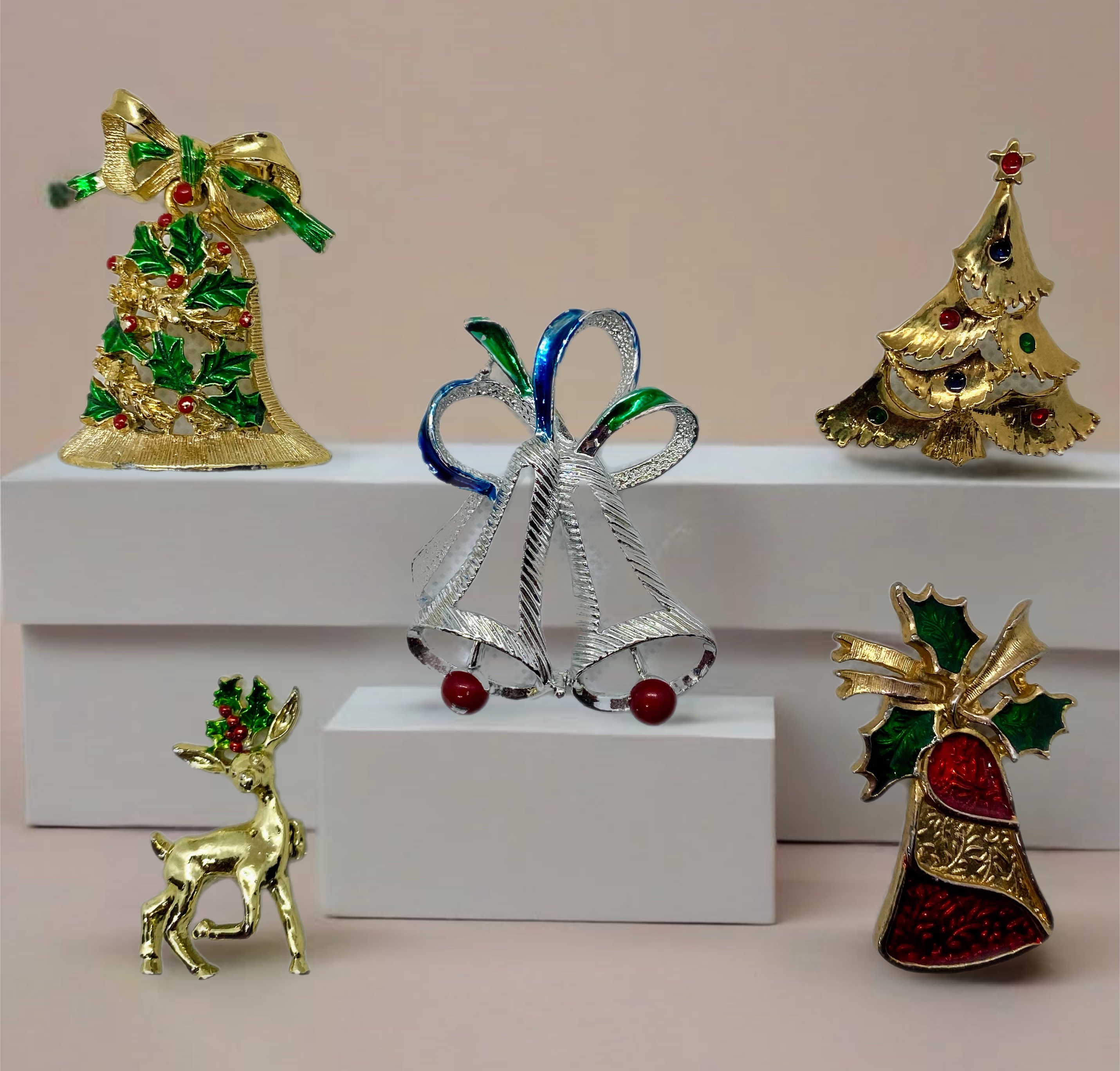 Vintage Gerry’s Christmas Brooch Set – 5 Holiday Pins: Bells, Reindeer, tree