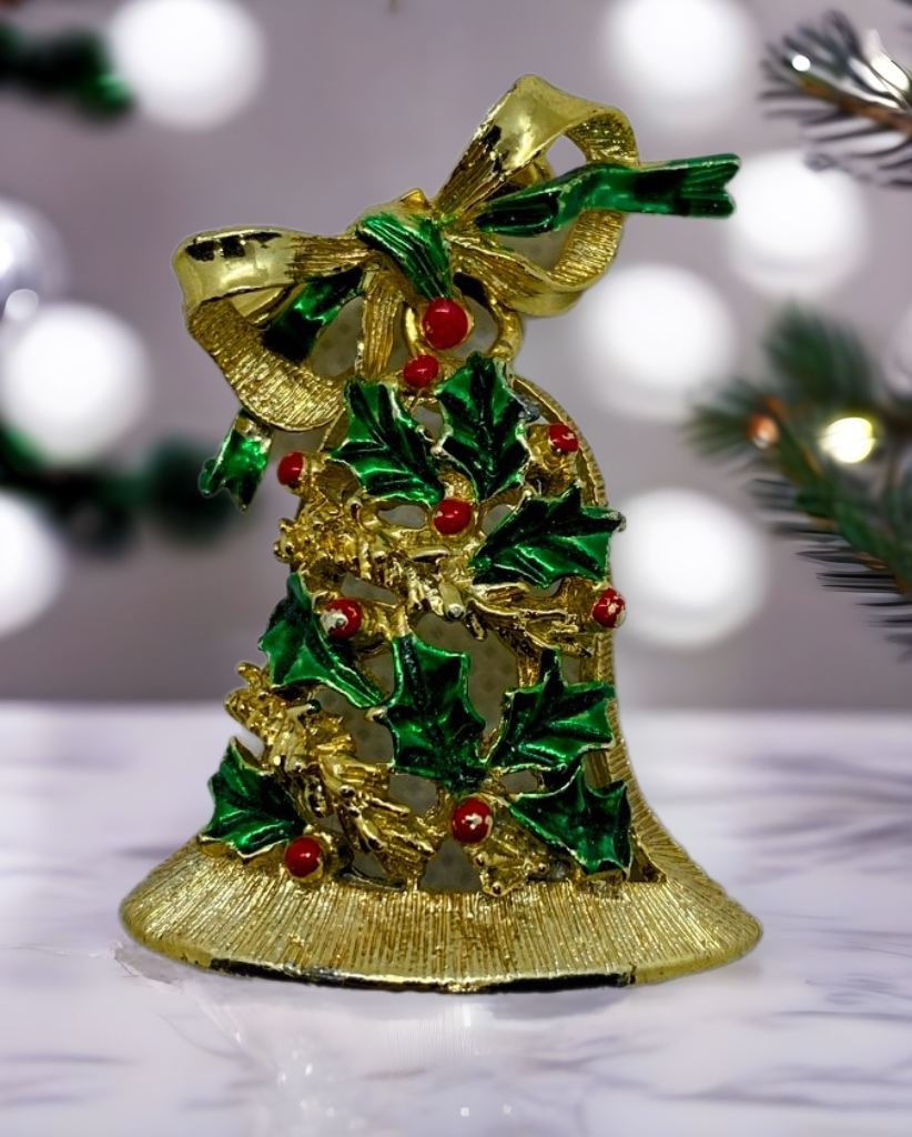 Vintage Gerry’s Christmas Brooch Set – 5 Holiday Pins: Bells, Reindeer, tree